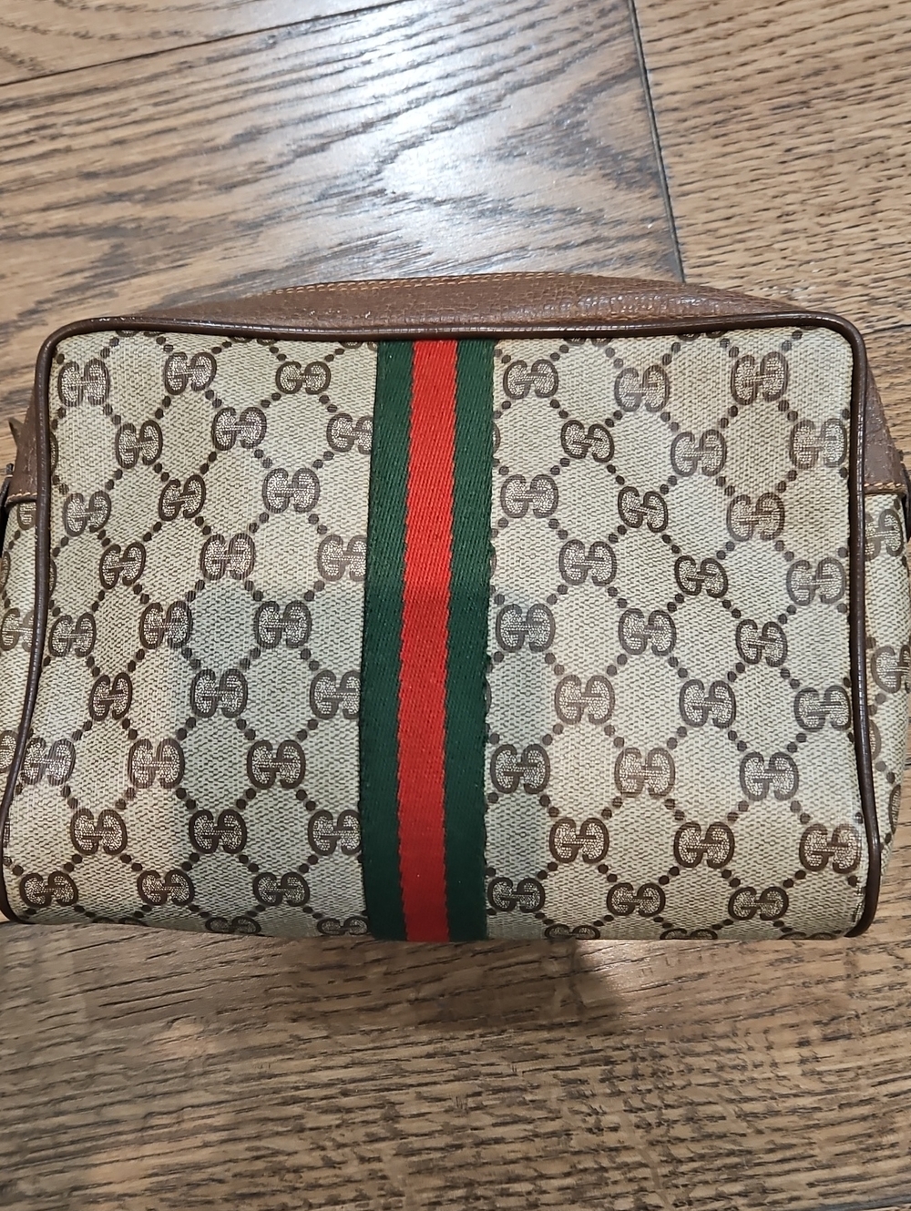 Authentic Gucci Brown GG Canvas Toiletry Bag with Green-Red Web Stripe